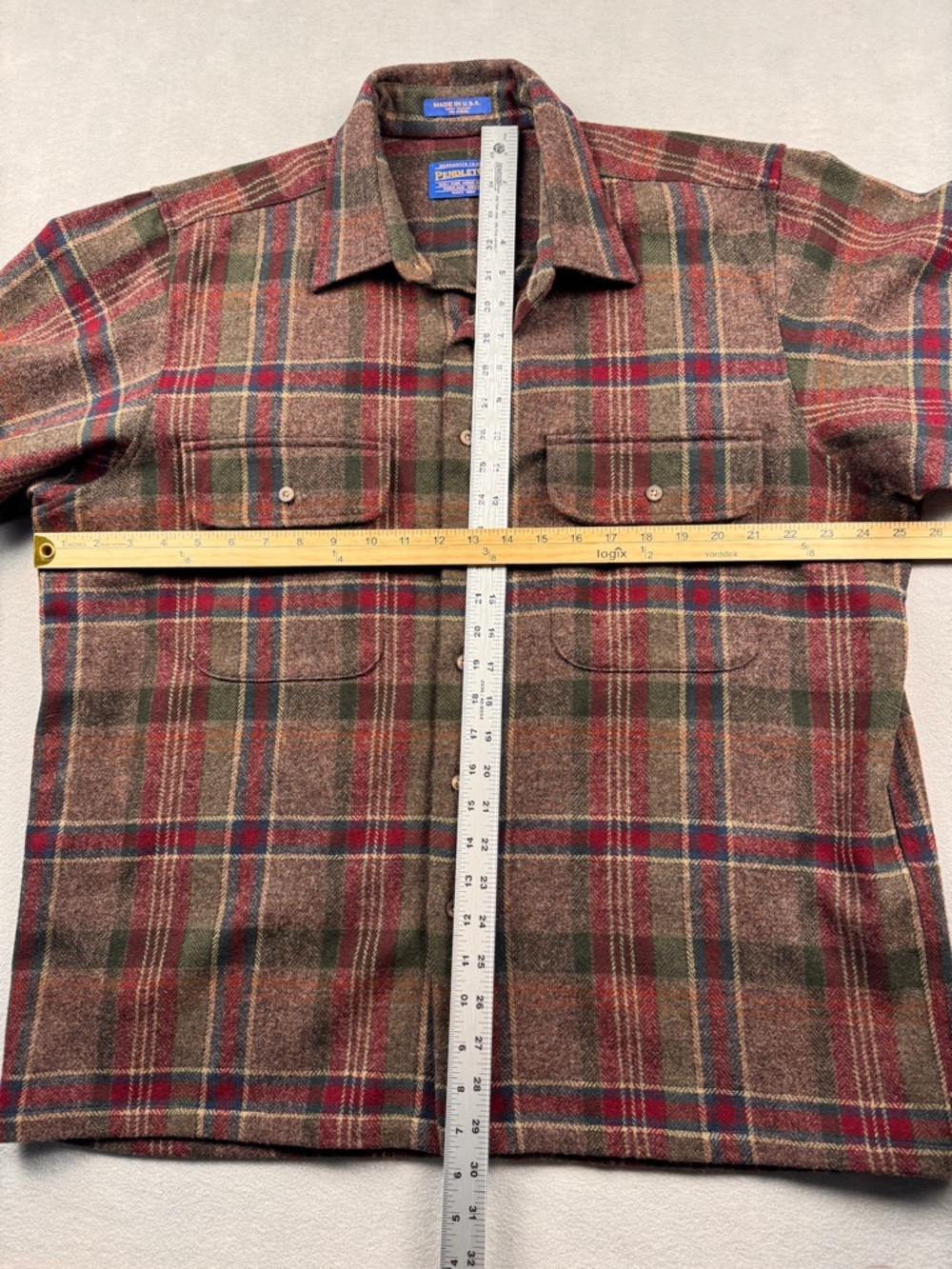 Pendleton Button Shirt Men's XL Red Plaid Wool Flannel Elbow Patches Heavyweight - Picture 7 of 9